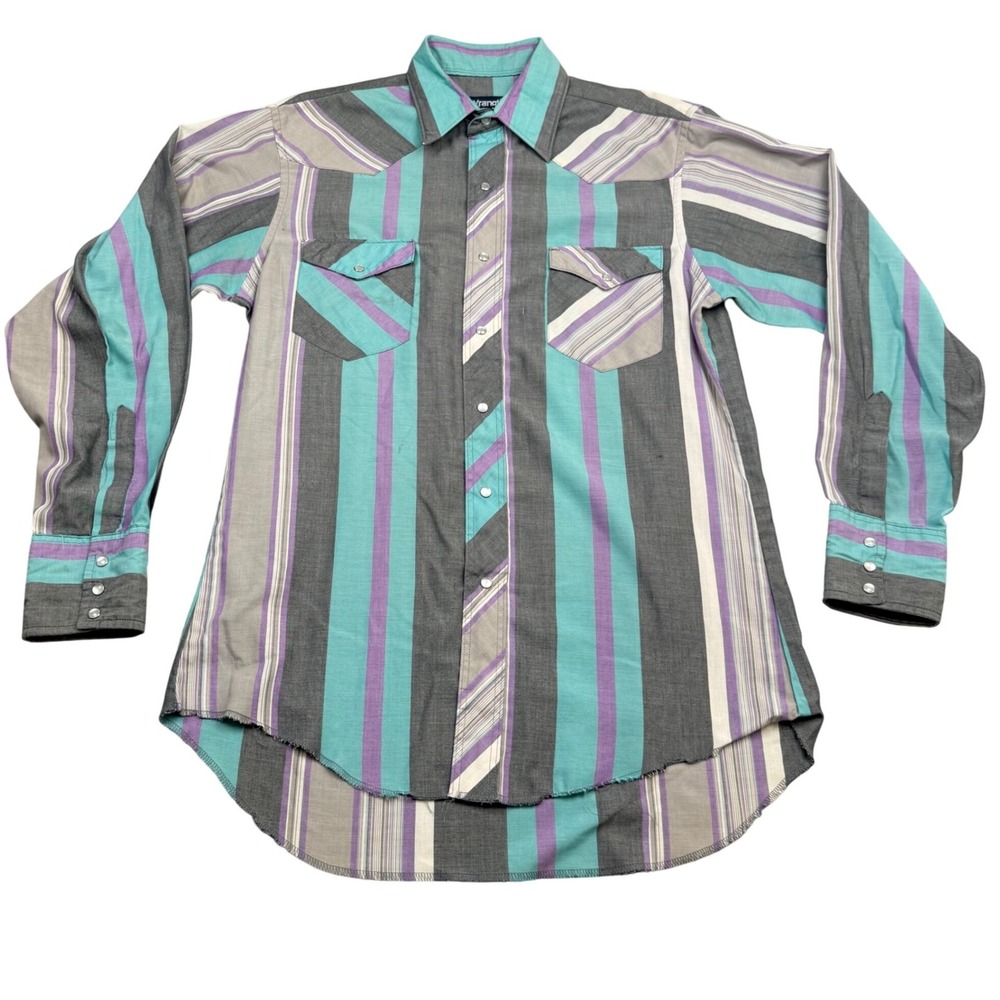 Wrangler Cowboy Cut Western Shirt Mens XL Long Tails Striped Pearl Snap Teal